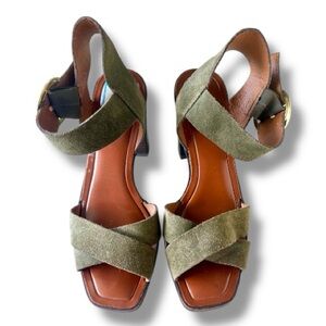 Franco Sarto Olive Suede Leather Block Heel Sandals Size 5 Ankle Strap
